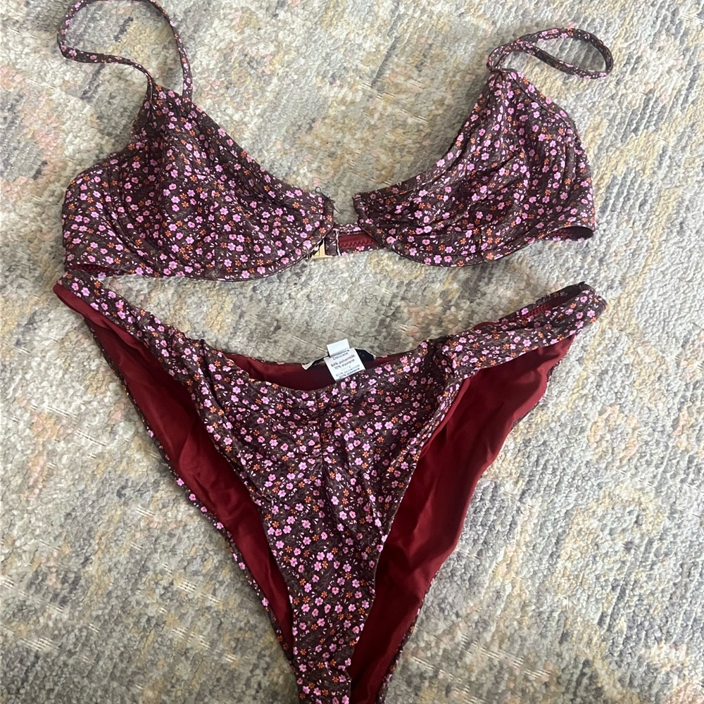Something Navy Floral Bikini Top and Lined Bottoms in Burgundy and Pink